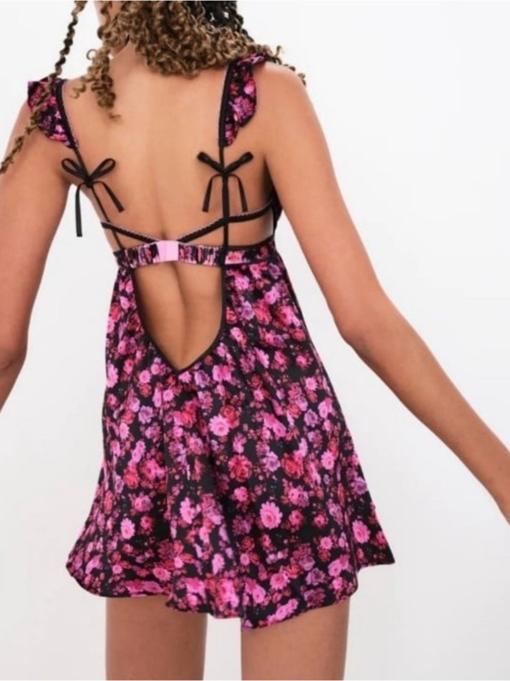 For Love and Lemon Lola Babydoll dress-  Black Pink Floral - Picture 8 of 11